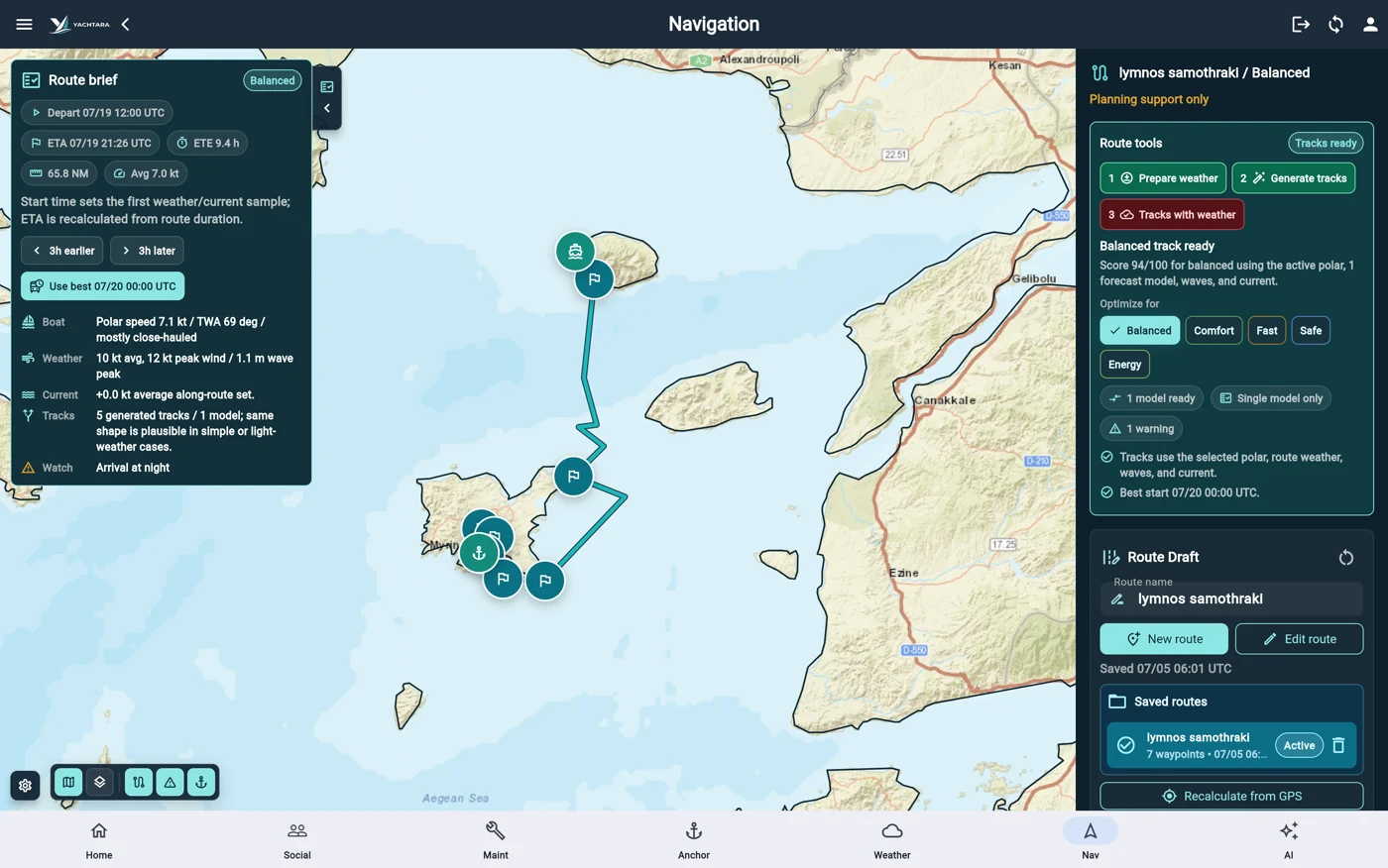 Routing screen in the Yachtara app