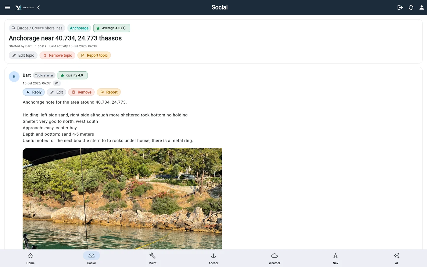 Social screen in the Yachtara app