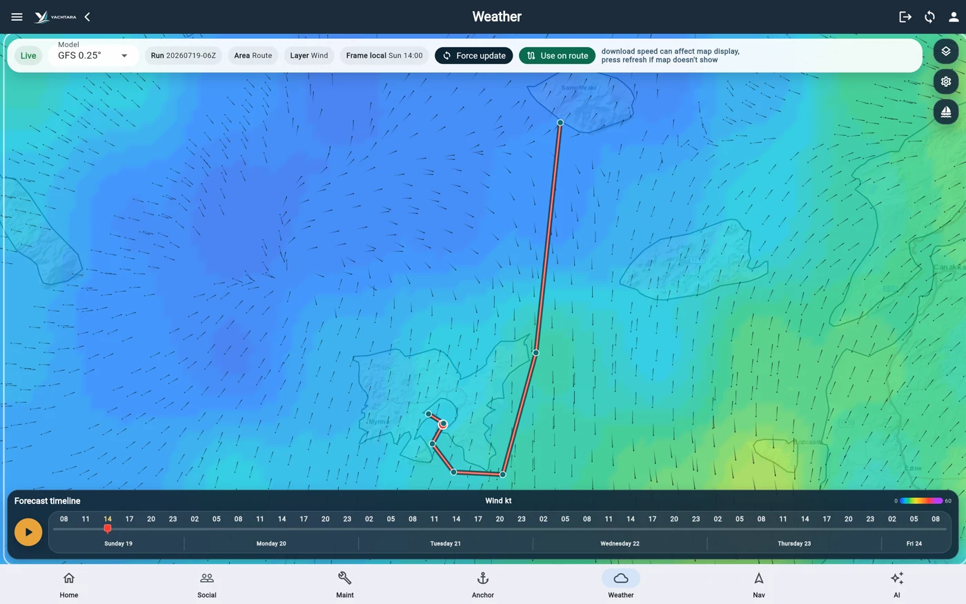 Weather and Route Planning in the Yachtara app